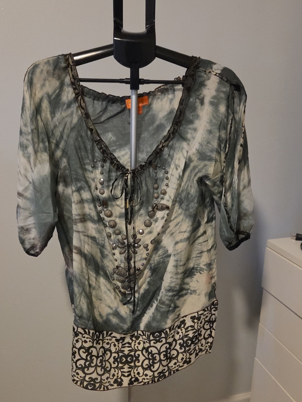 Boho Hale Bob Tie-Dye V-Neck Embellished Women's Top - Grey